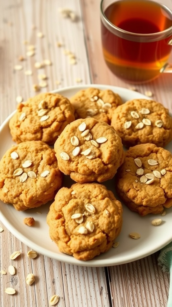 Simple 3-Ingredient Vegan Cookies Recipe A plate of chewy vegan cookies made with almond butter and oats, on a rustic table with a cup of tea.